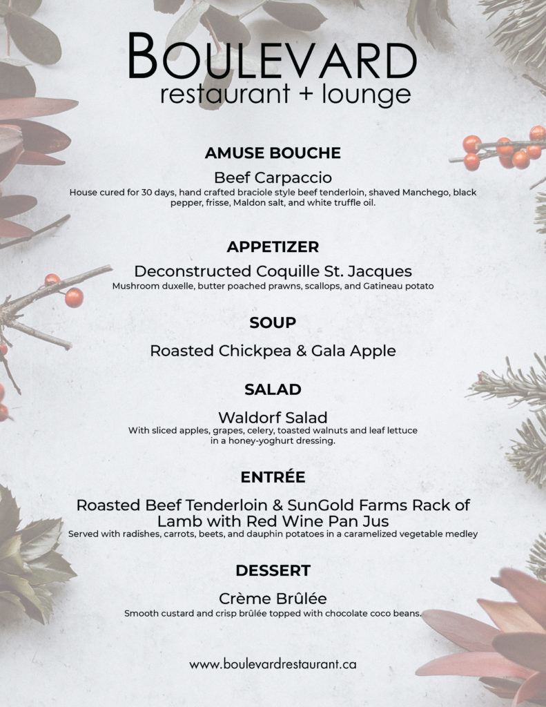 Boulevard Restaurant festive menu for a private function designed by Jay Gervais